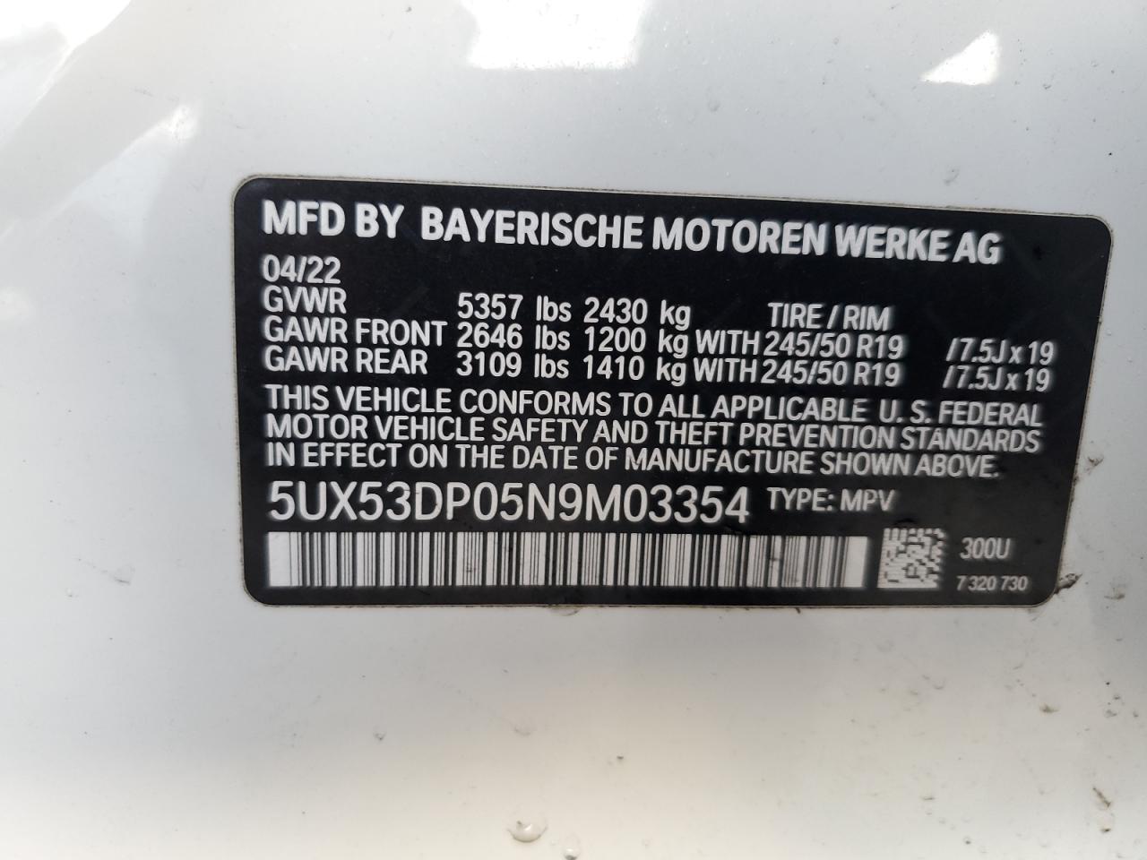 2022 BMW X3 XDRIVE30I VIN:5UX53DP05N9M03354