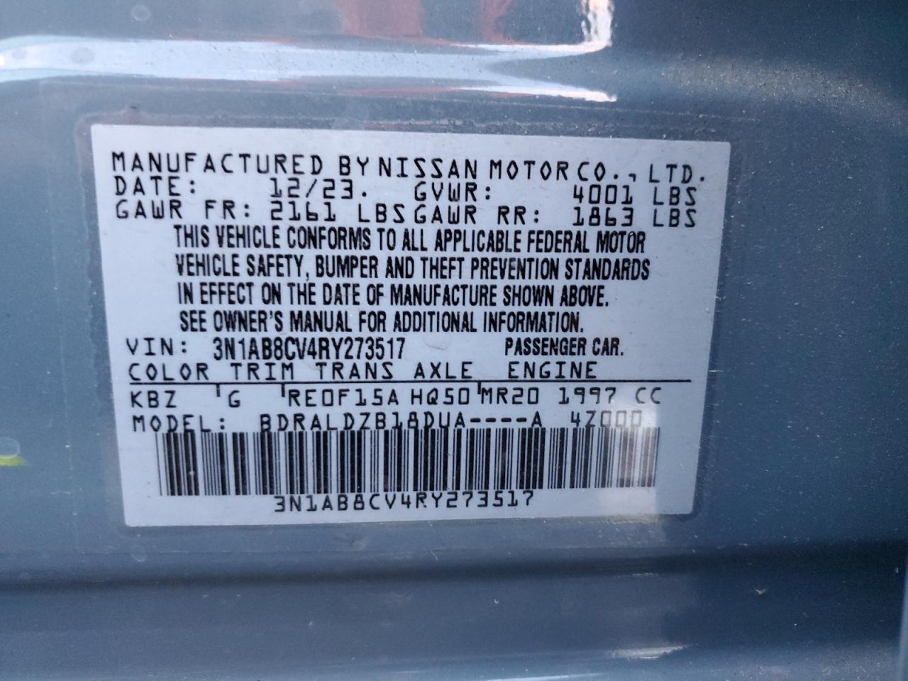 2024 NISSAN SENTRA SV VIN:3N1AB8CV4RY273517