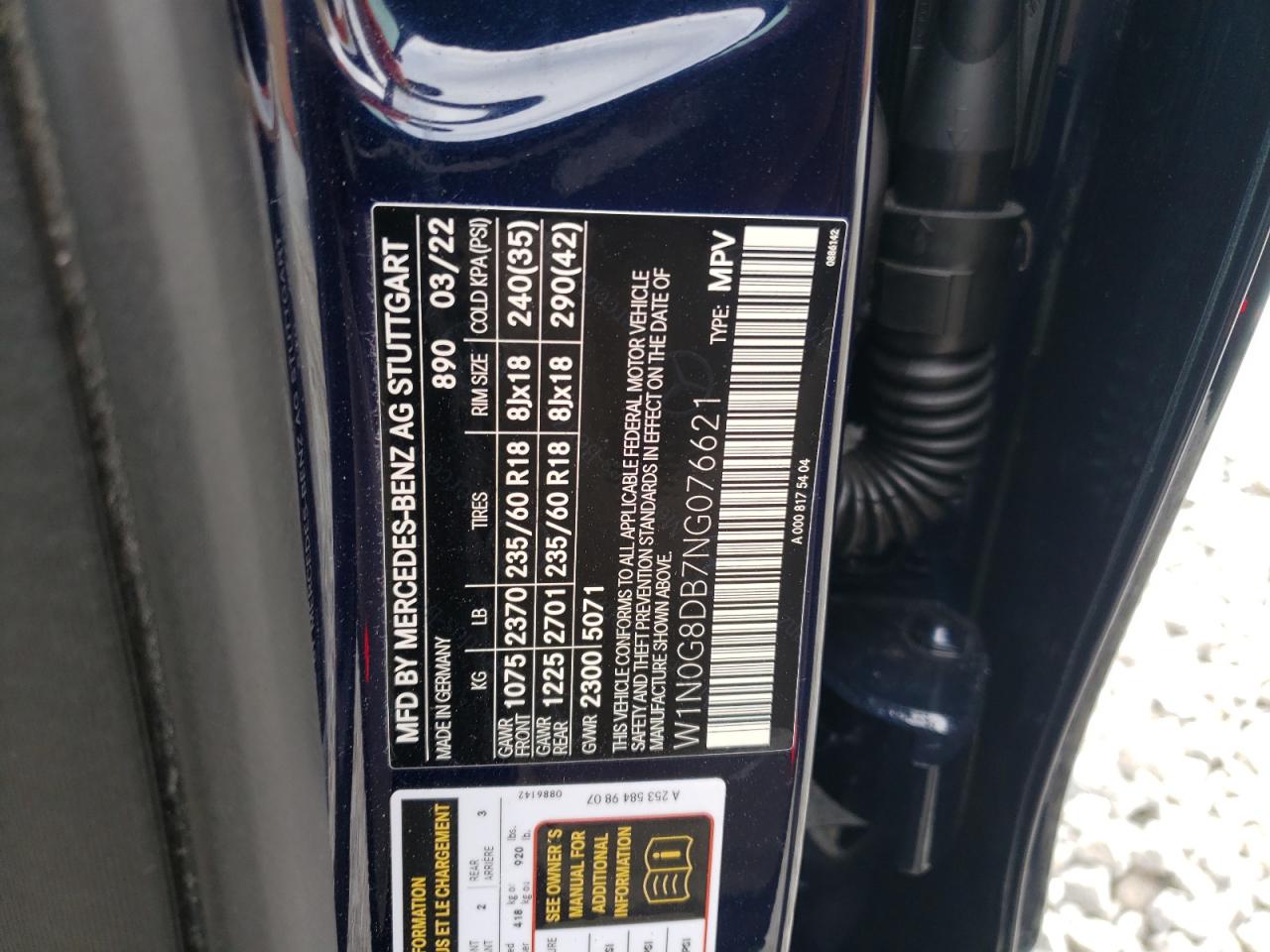 2022 MERCEDES-BENZ GLC 300 VIN:W1N0G8DB7NG076621