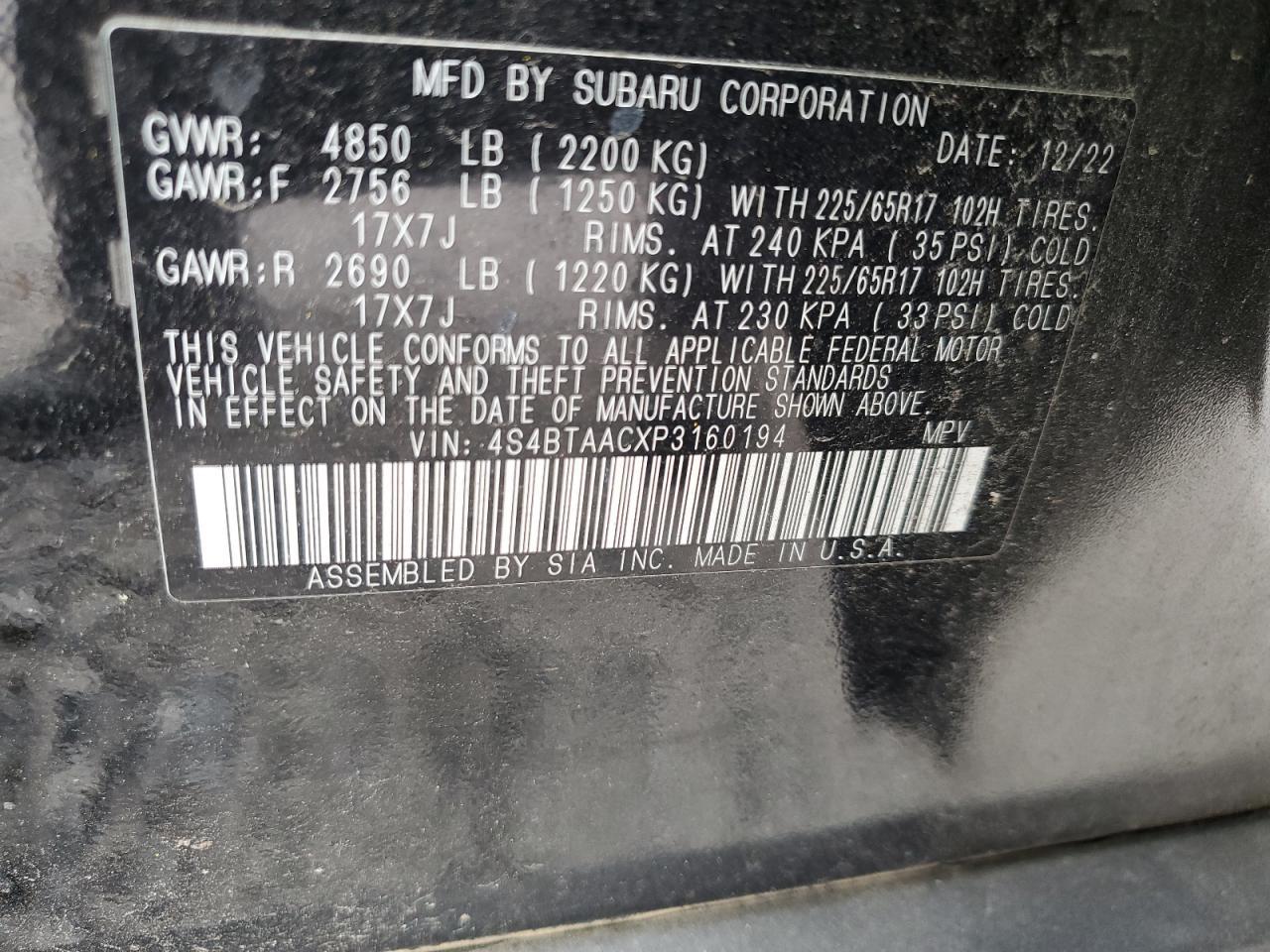 2023 SUBARU OUTBACK  VIN:4S4BTAACXP3160194