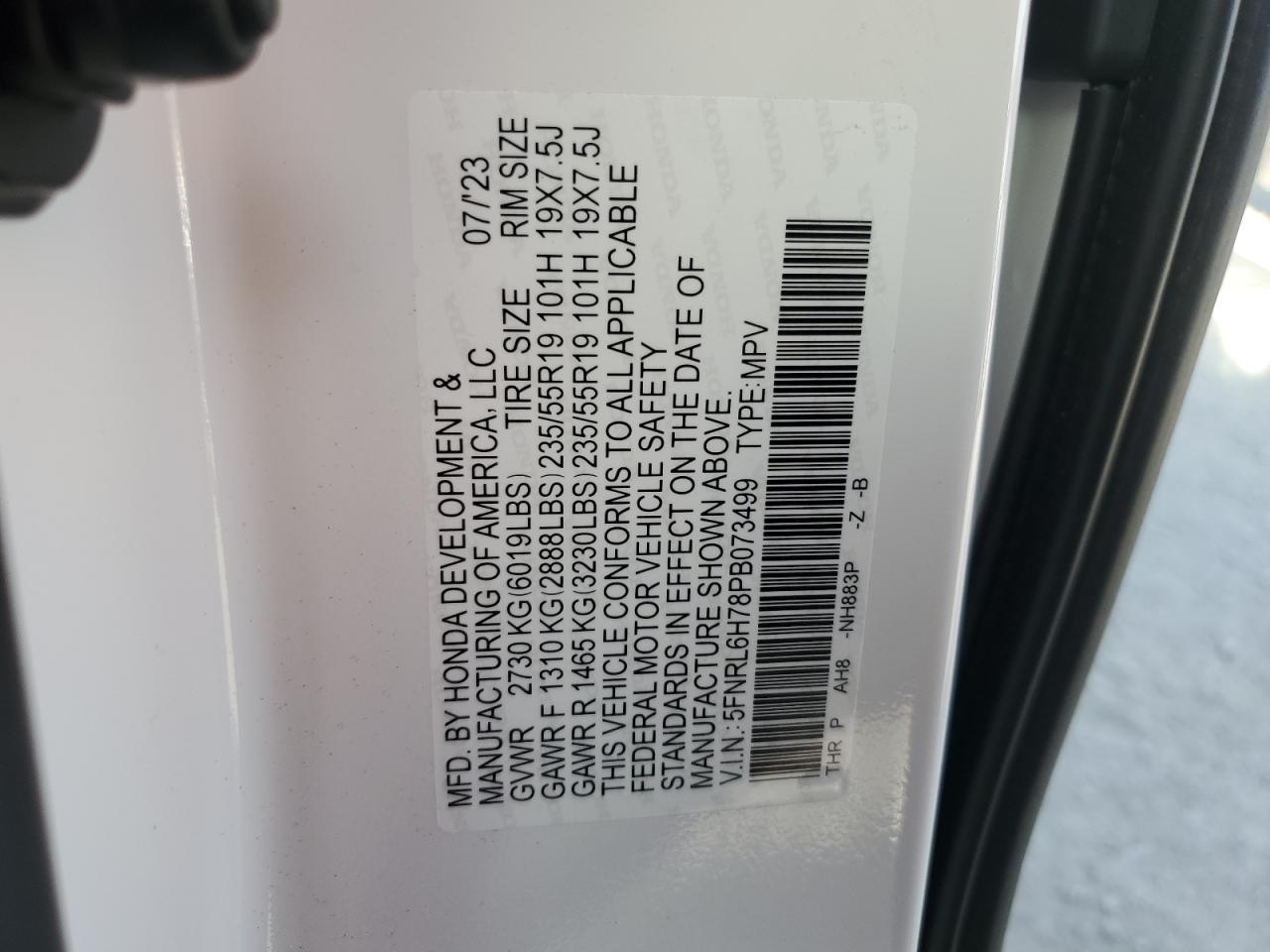 2023 HONDA ODYSSEY SPORT-L VIN:5FNRL6H78PB073499