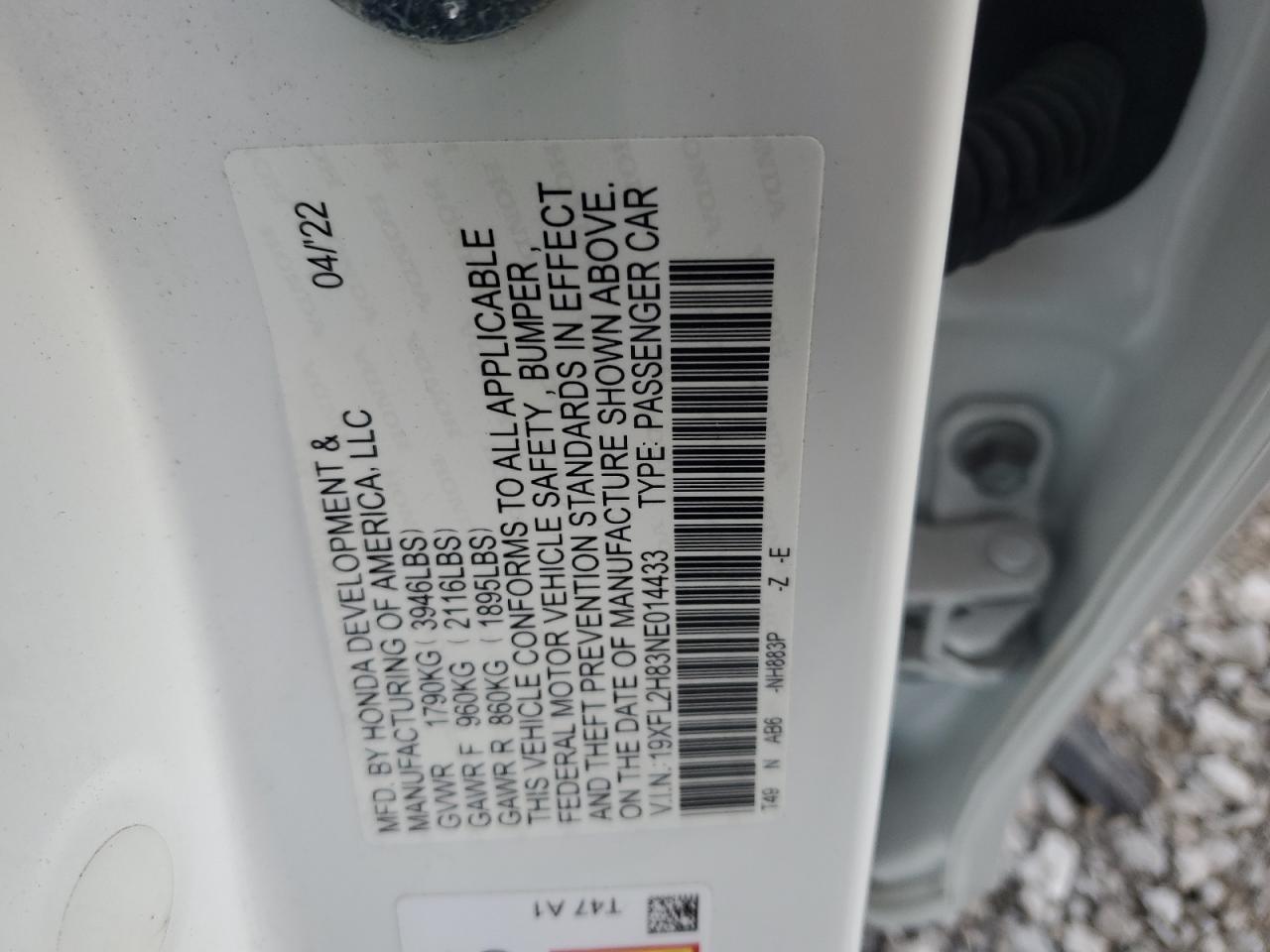 2022 HONDA CIVIC SPORT VIN:19XFL2H83NE014433