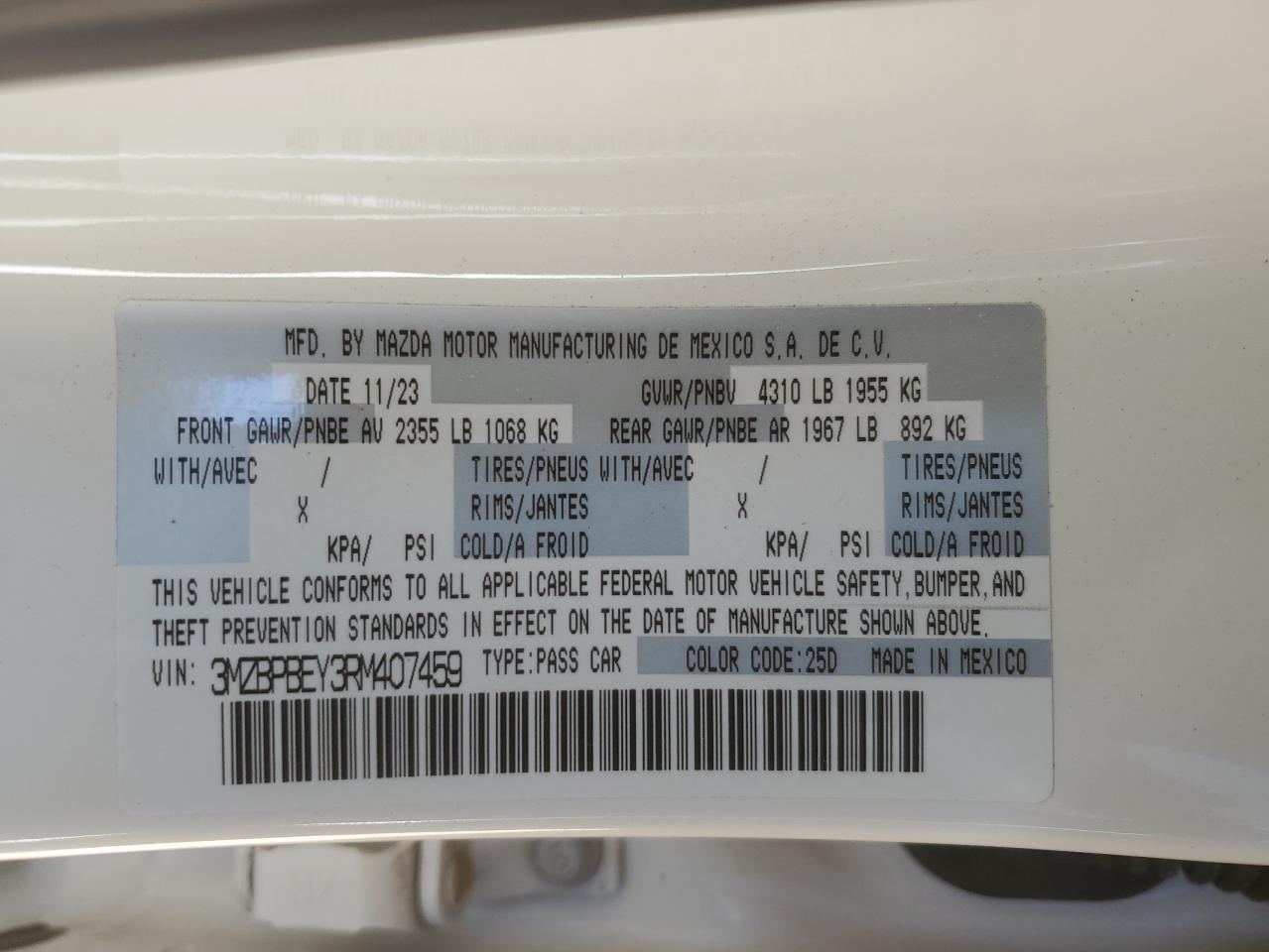 2024 MAZDA 3 PREMIUM PLUS VIN:3MZBPBEY3RM407459