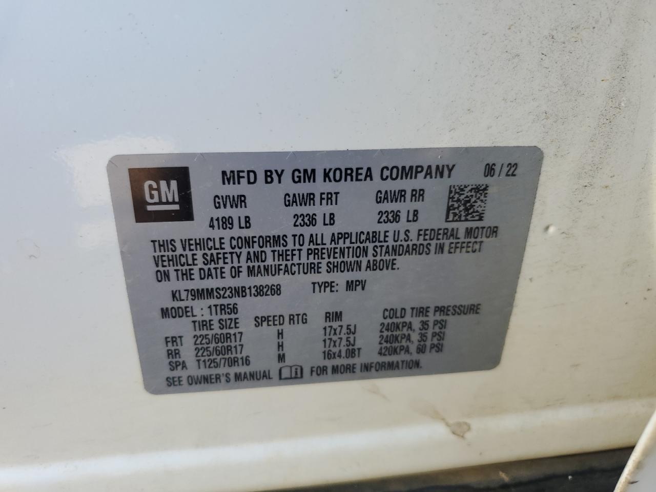 2022 CHEVROLET TRAILBLAZER LS VIN:KL79MMS23NB138268