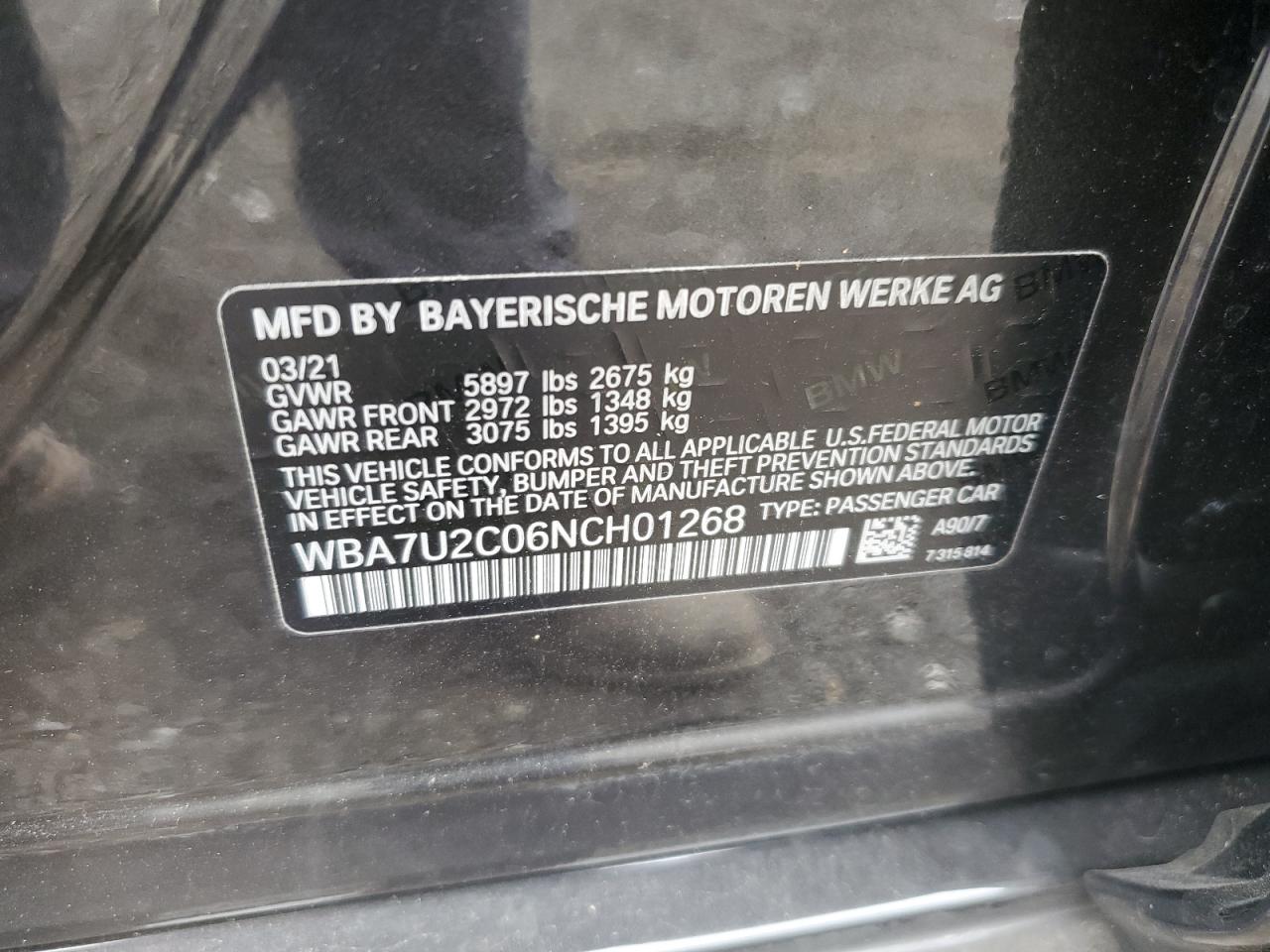 2022 BMW 750 XI VIN:WBA7U2C06NCH01268