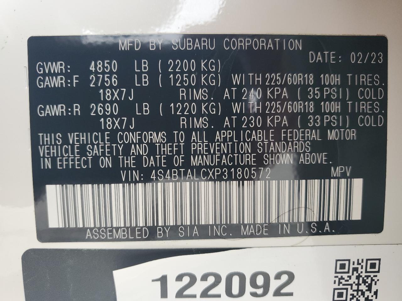 2023 SUBARU OUTBACK ONYX EDITION VIN:4S4BTALCXP3180572