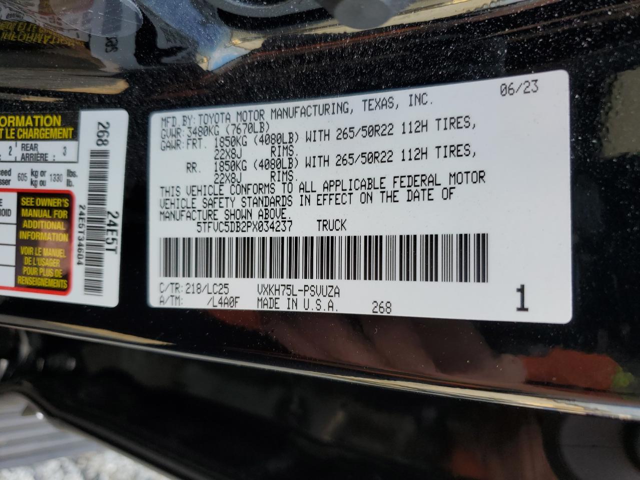 2023 TOYOTA TUNDRA CREWMAX CAPSTONE VIN:5TFVC5DB2PX034237