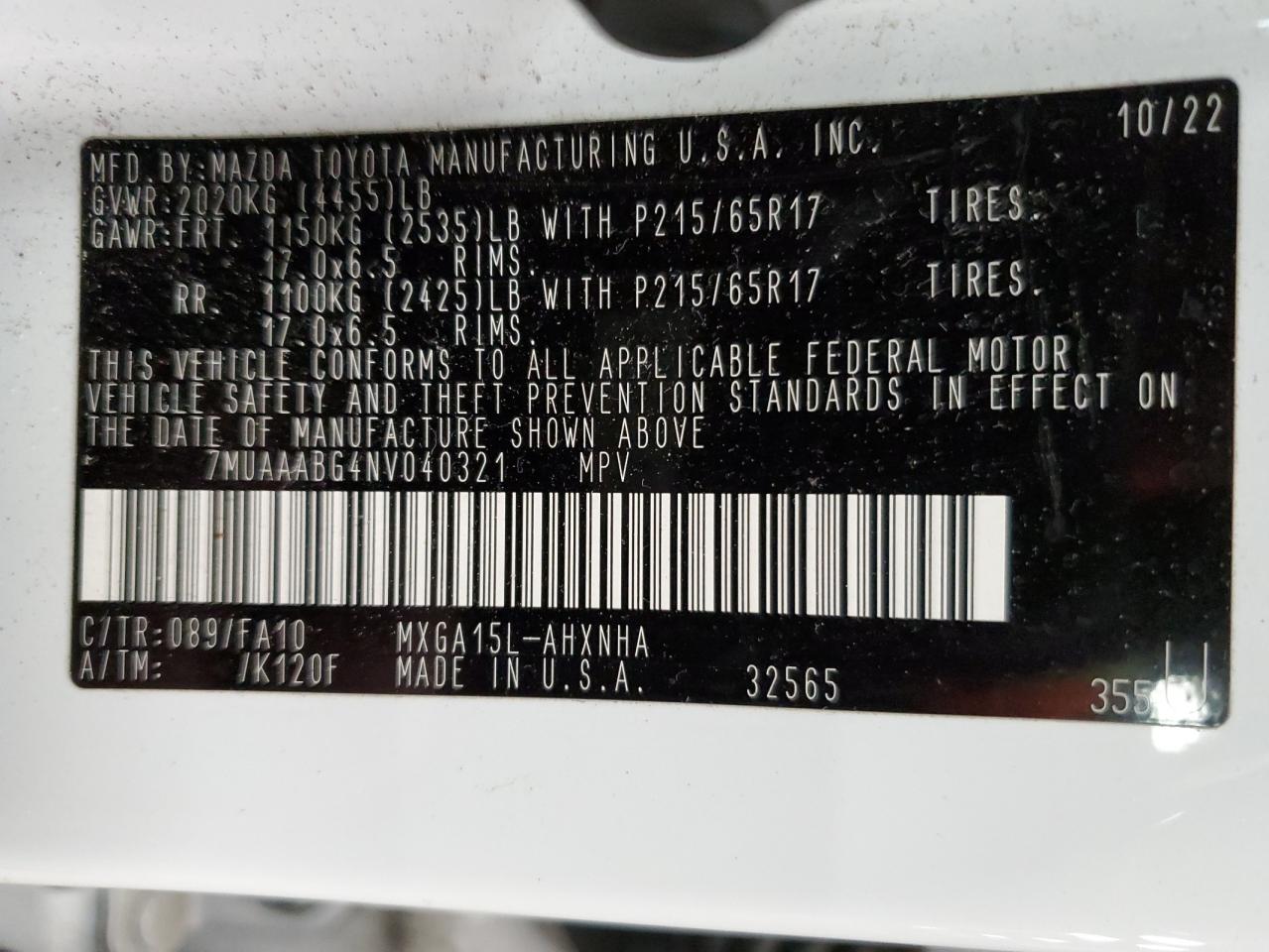 2022 TOYOTA COROLLA CROSS L VIN:7MUAAABG4NV040321