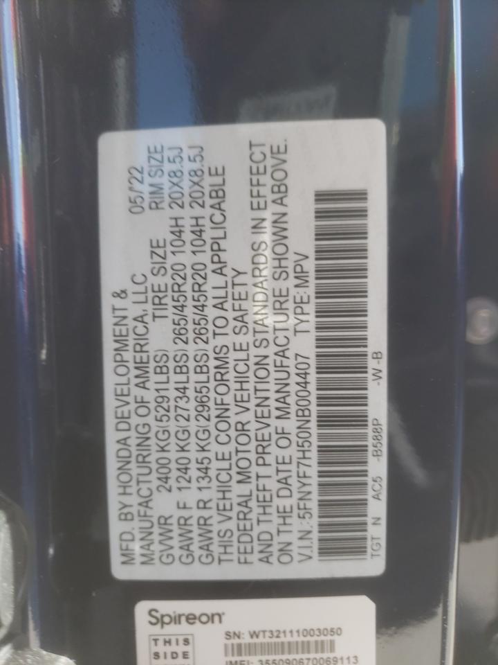 2022 HONDA PASSPORT EXL VIN:5FNYF7H50NB004407