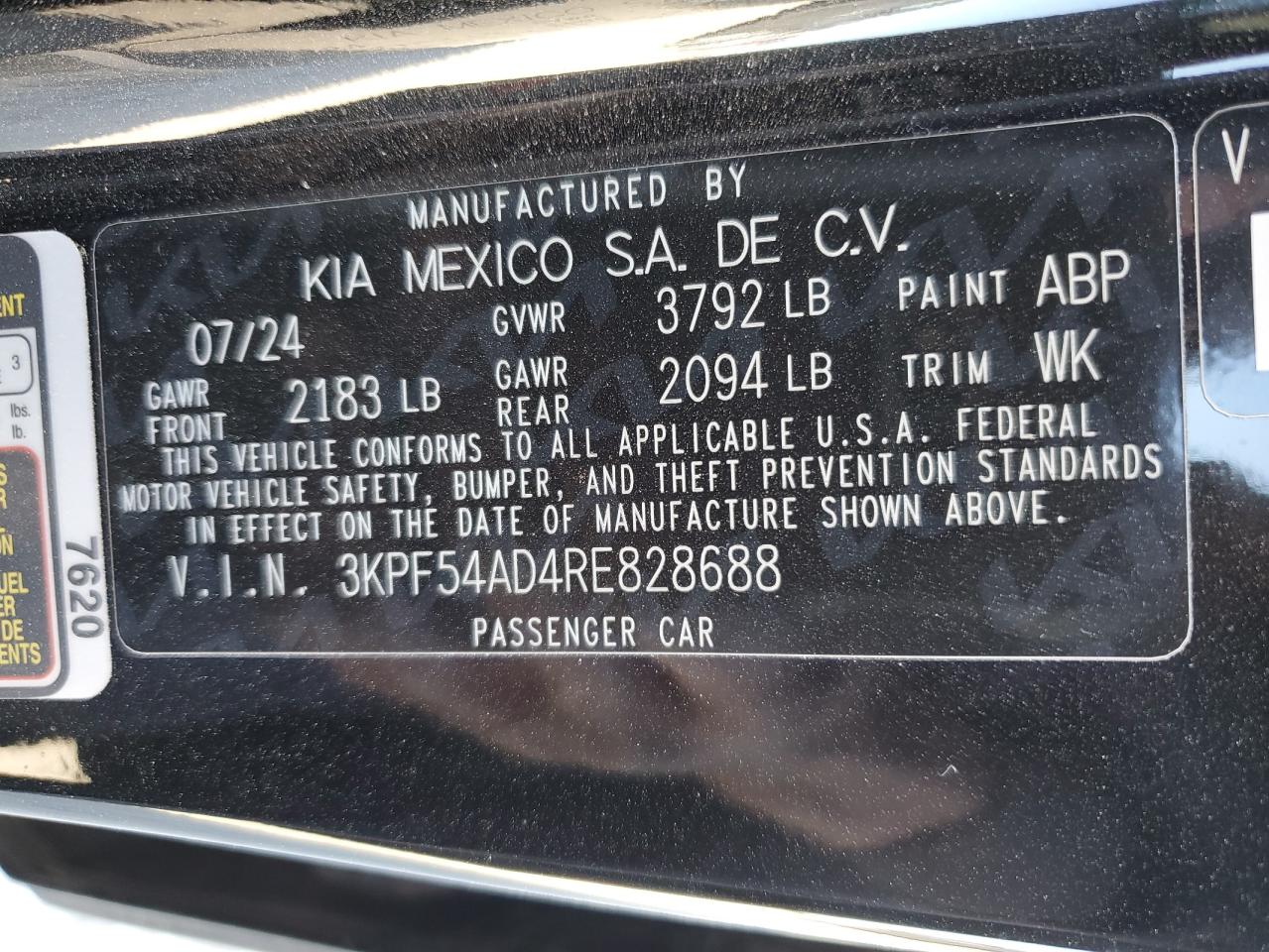 2024 KIA FORTE GT LINE VIN:3KPF54AD4RE828688