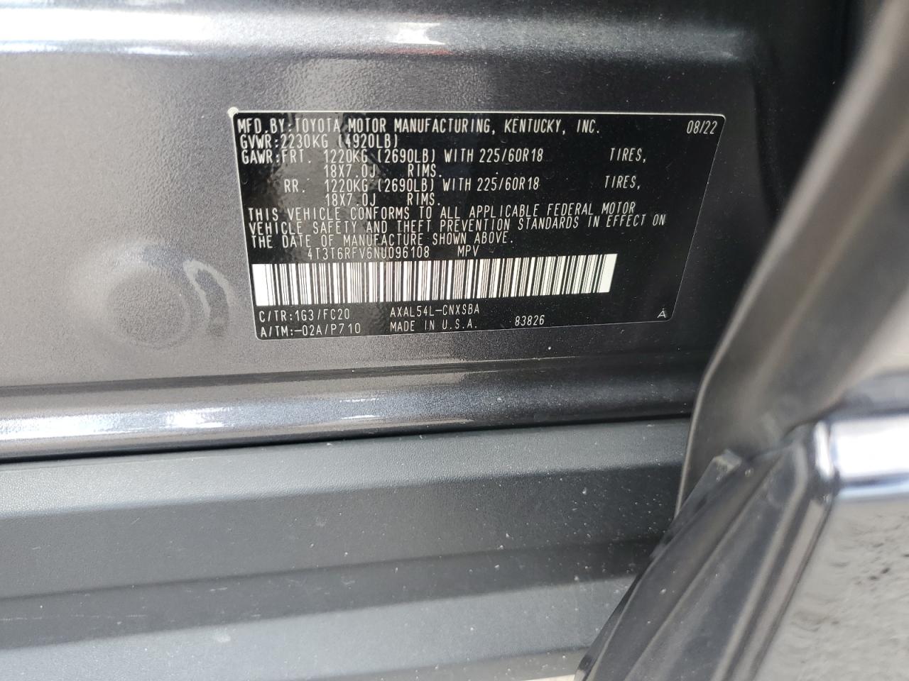 2022 TOYOTA RAV4 SE VIN:4T3T6RFV6NU096108