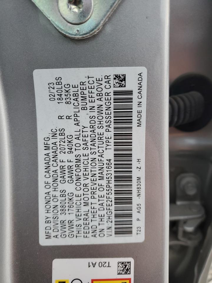 2023 HONDA CIVIC SPORT VIN:2HGFE2F55PH531664