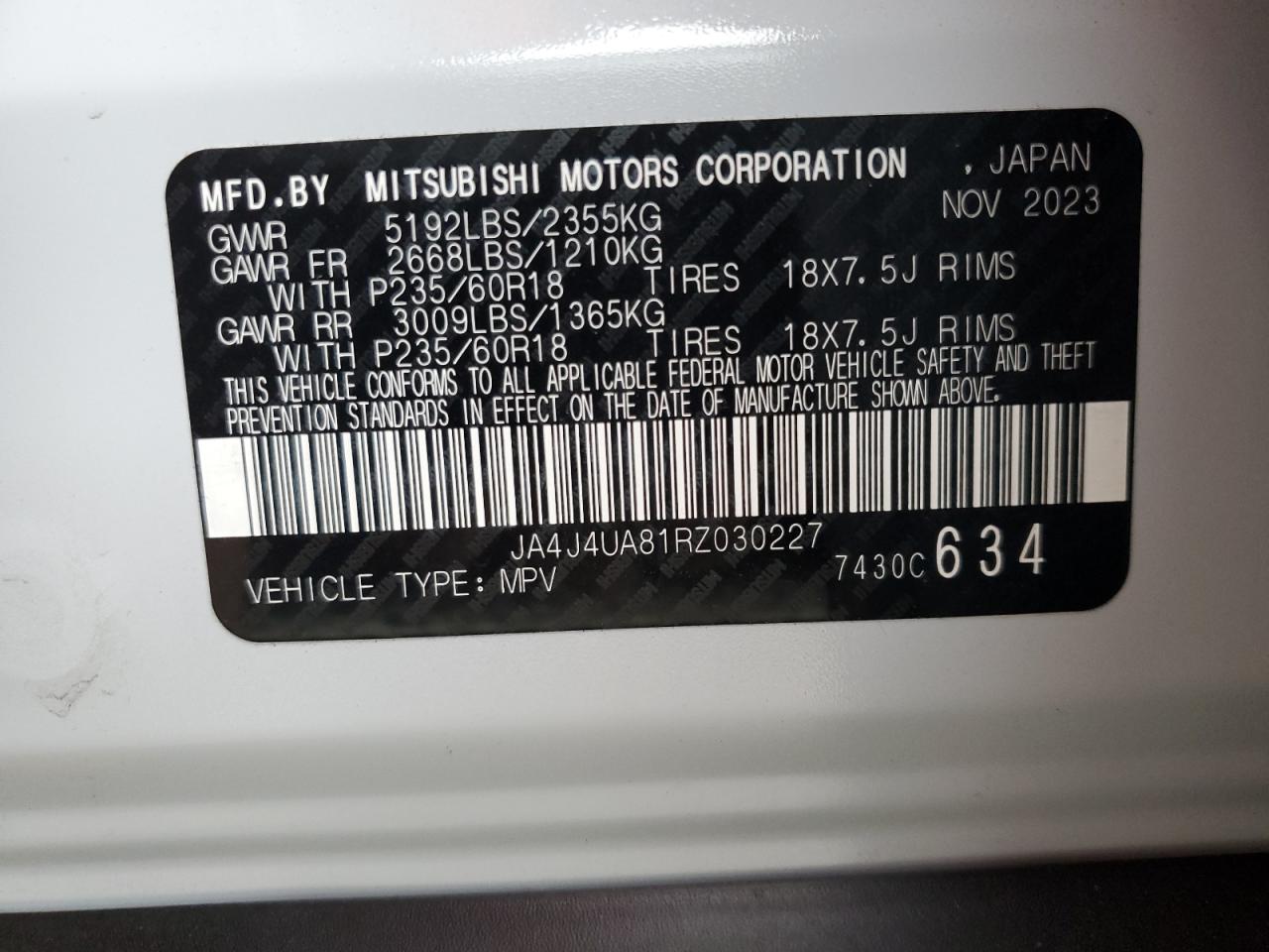 2024 MITSUBISHI OUTLANDER ES VIN:JA4J4UA81RZ030227