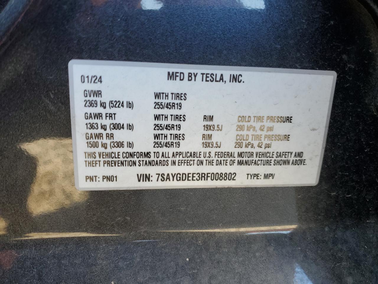 2024 TESLA MODEL Y  VIN:7SAYGDEE3RF008802