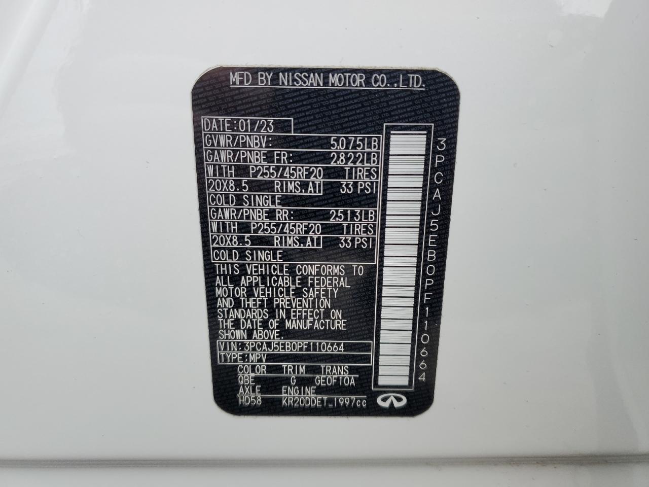 2023 INFINITI QX50 SENSORY VIN:3PCAJ5EB0PF110664