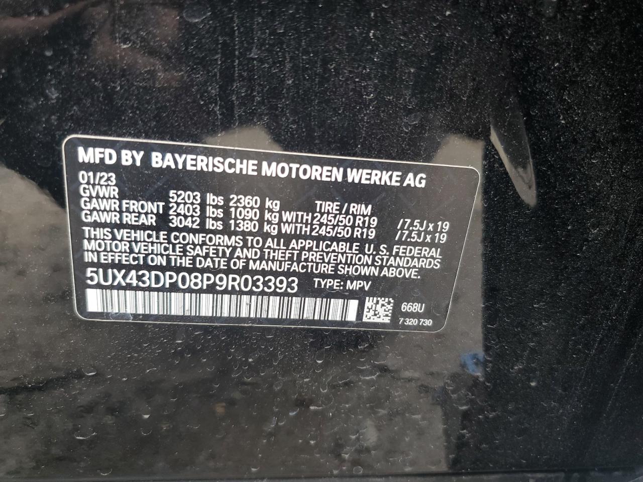 2023 BMW X3 SDRIVE30I VIN:5UX43DP08P9R03393