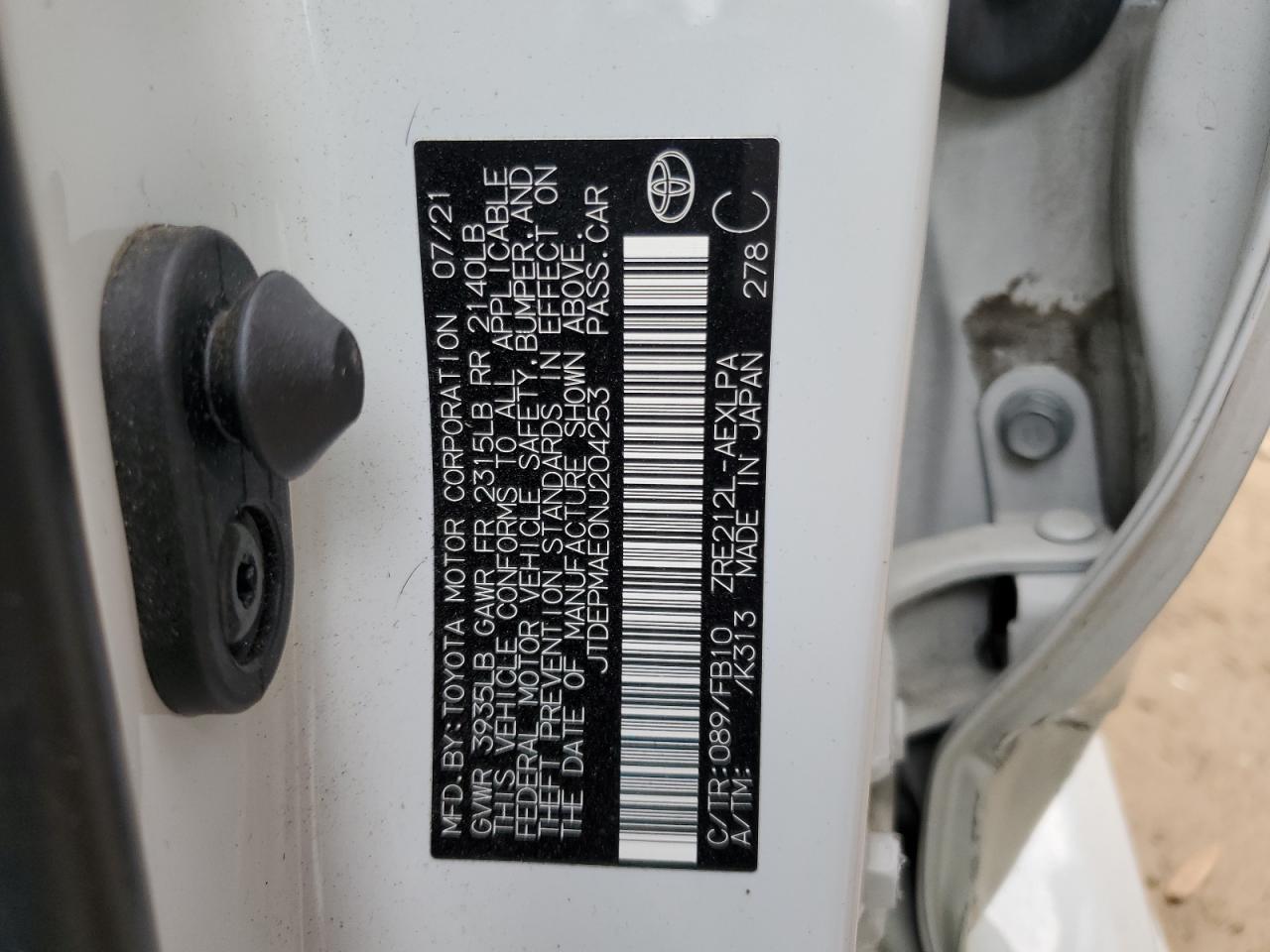 2022 TOYOTA COROLLA LE VIN:JTDEPMAE0NJ204253