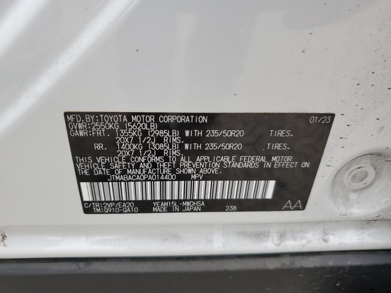 2023 TOYOTA BZ4X XLE VIN:JTMABACA0PA014400