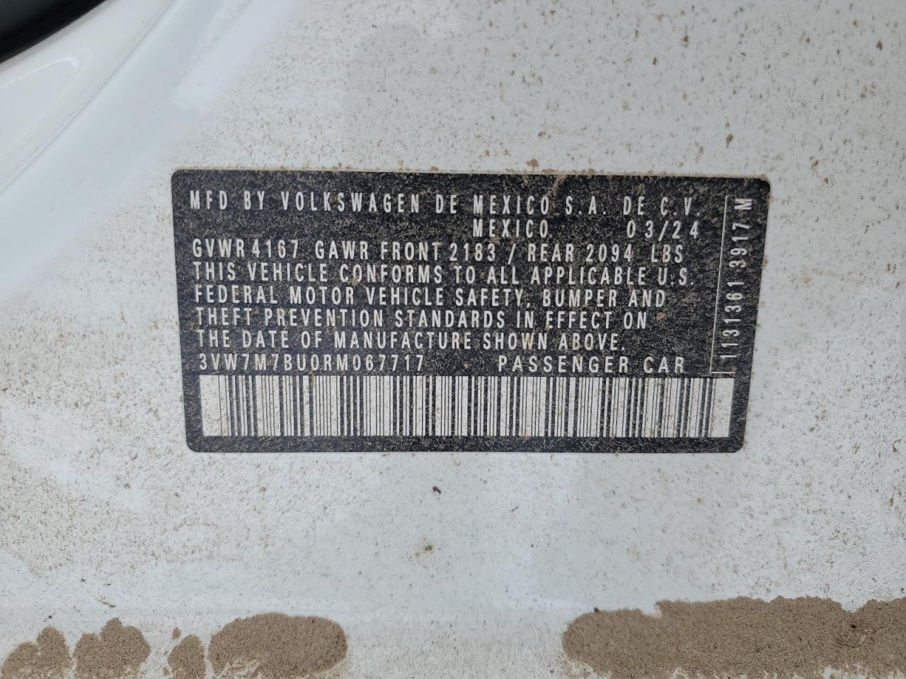 2024 VOLKSWAGEN JETTA SE VIN:3VW7M7BU0RM067717