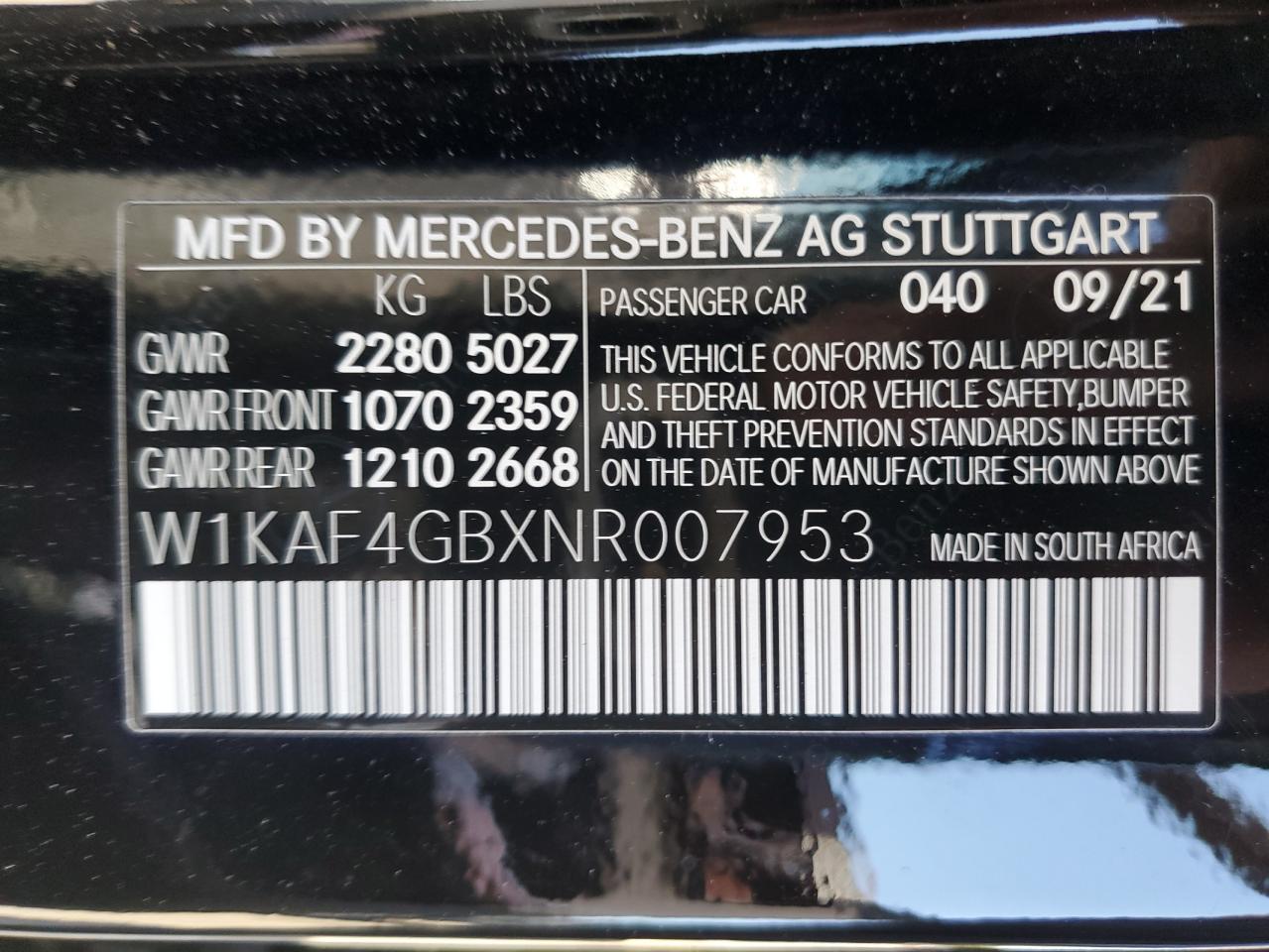 2022 MERCEDES-BENZ C 300 VIN:W1KAF4GBXNR007953