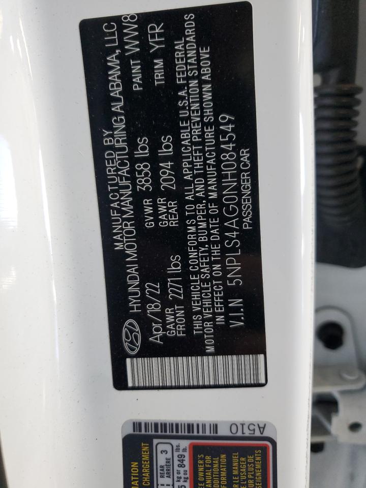 2022 HYUNDAI ELANTRA SEL VIN:5NPLS4AG0NH084549