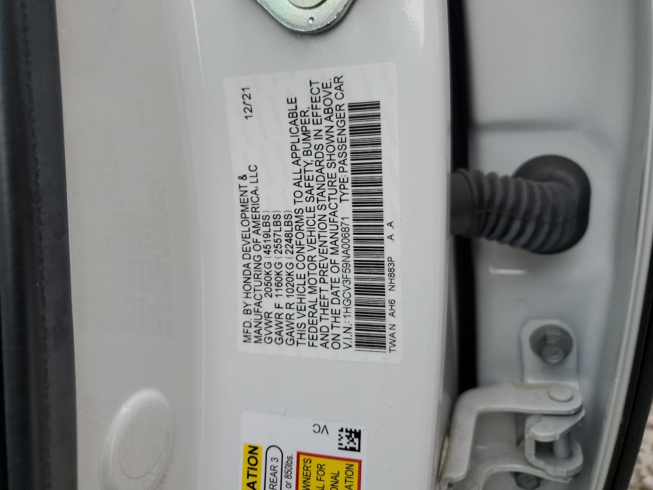 2022 HONDA ACCORD HYBRID EXL VIN:1HGCV3F59NA006871
