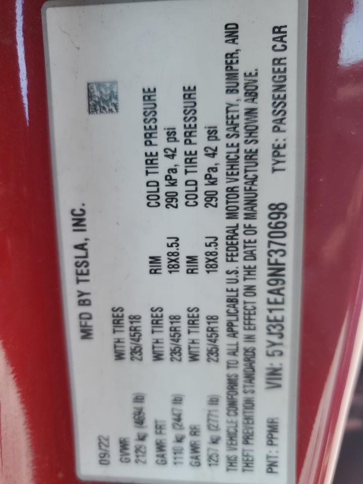 2022 TESLA MODEL 3  VIN:5YJ3E1EA9NF370698