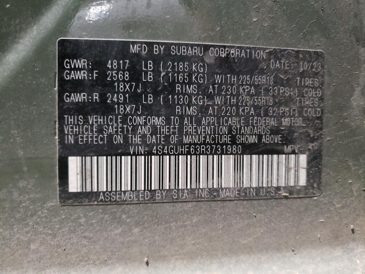 2024 SUBARU CROSSTREK SPORT VIN:4S4GUHF63R3731980