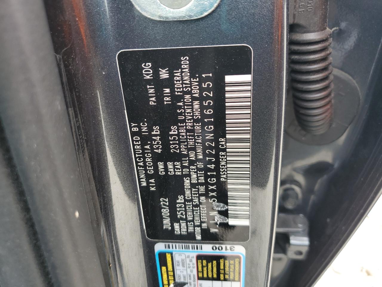 2022 KIA K5 LXS VIN:5XXG14J22NG165251
