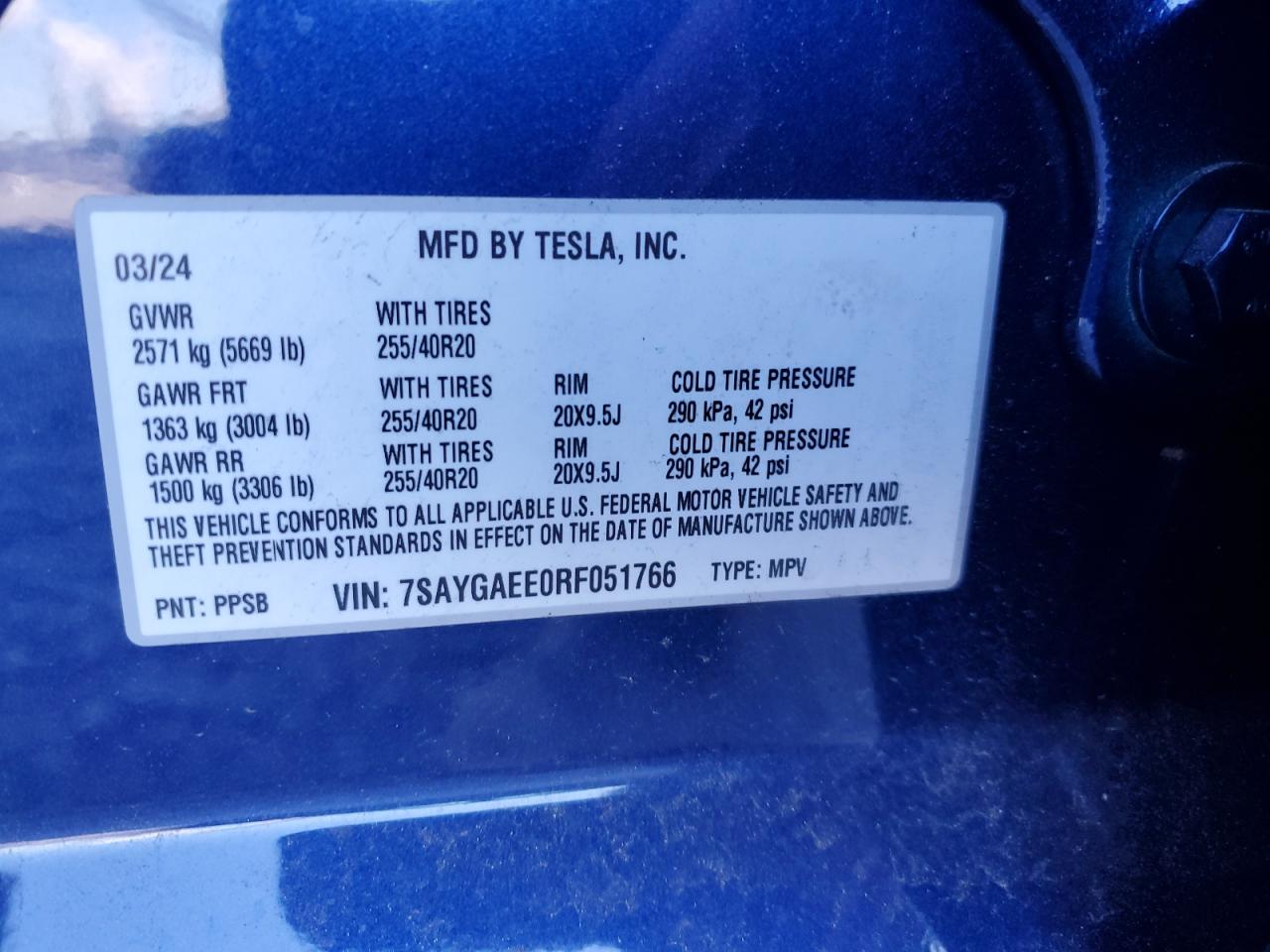 2024 TESLA MODEL Y  VIN:7SAYGAEE0RF051766