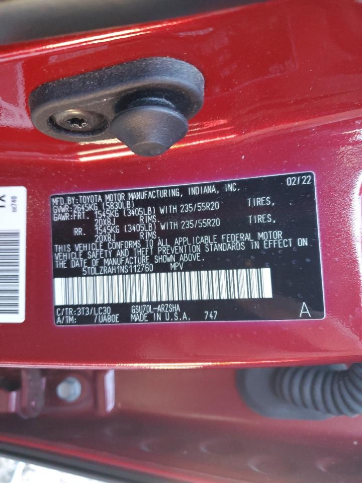 2022 TOYOTA HIGHLANDER XSE VIN:5TDLZRAH1NS112760