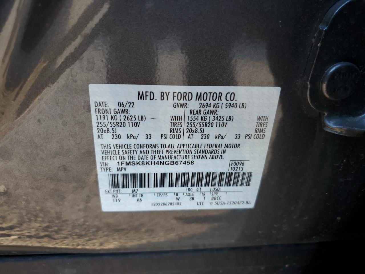 2022 FORD EXPLORER ST-LINE VIN:1FMSK8KH4NGB67458