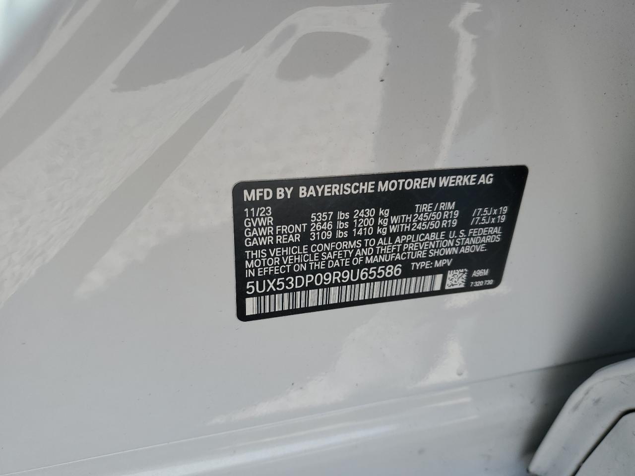 2024 BMW X3 XDRIVE30I VIN:5UX53DP09R9U65586