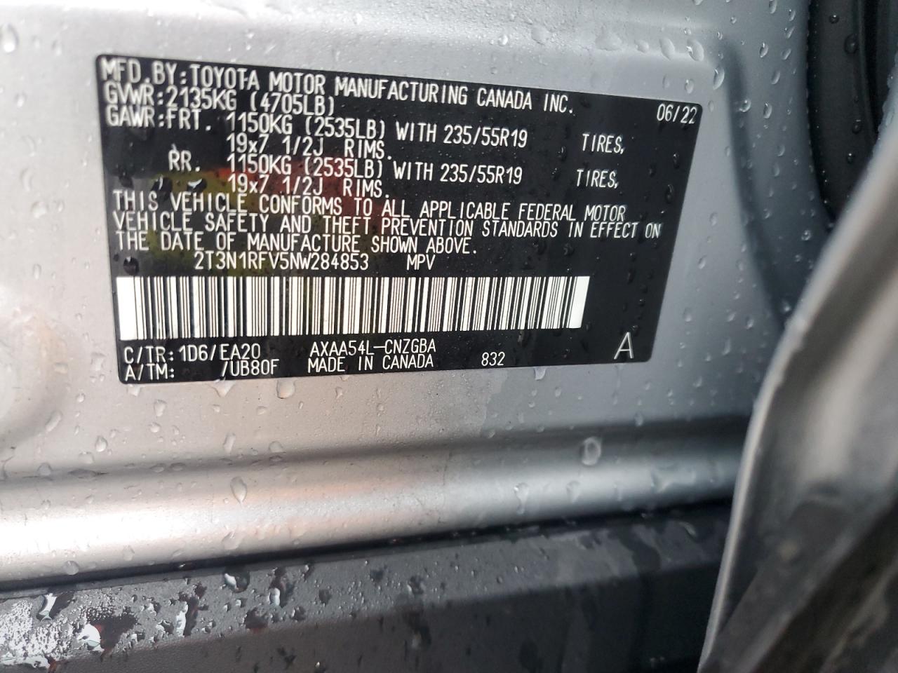 2022 TOYOTA RAV4 LIMITED VIN:2T3N1RFV5NW284853