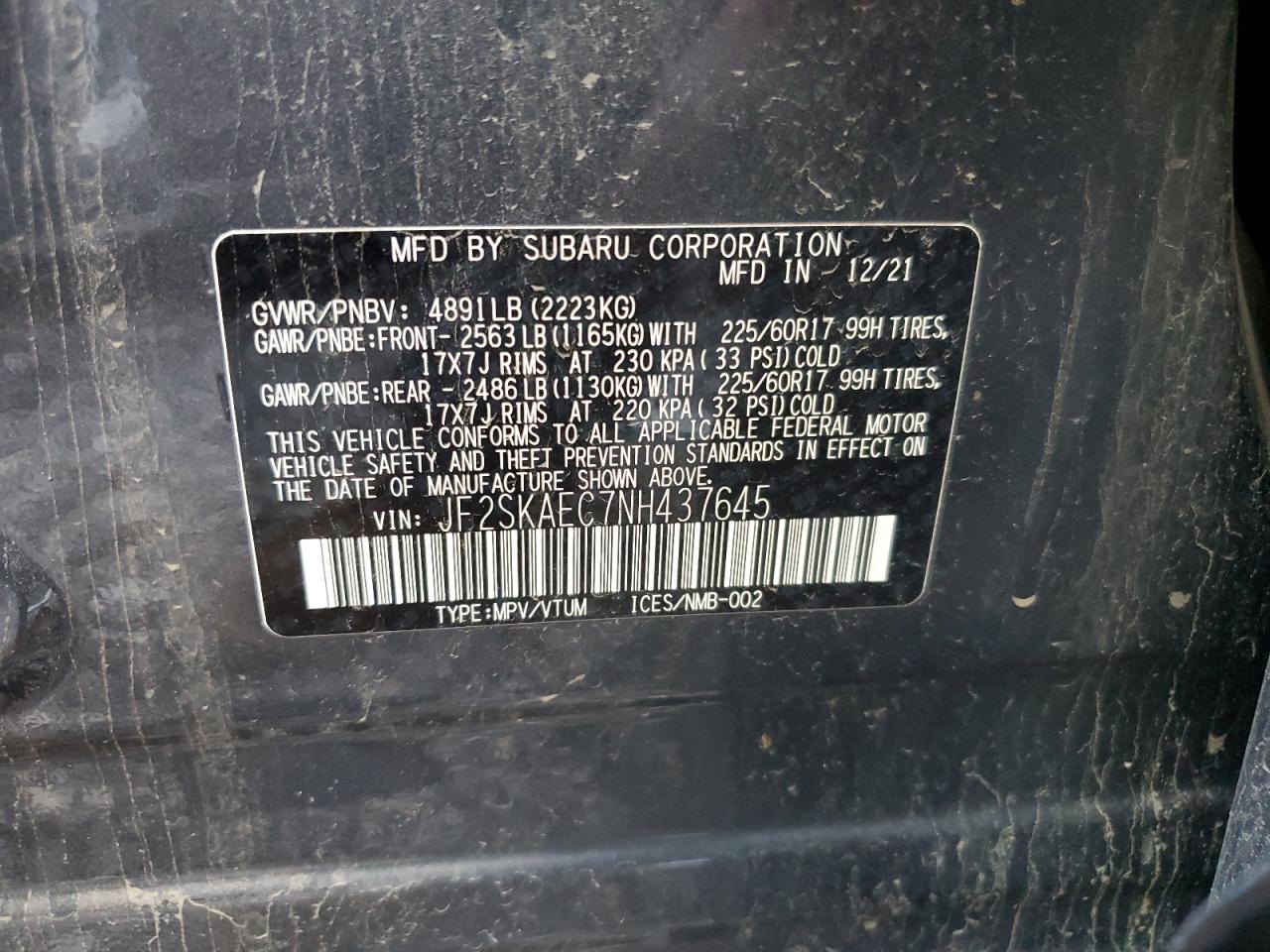 2022 SUBARU FORESTER PREMIUM VIN:JF2SKAEC7NH437645