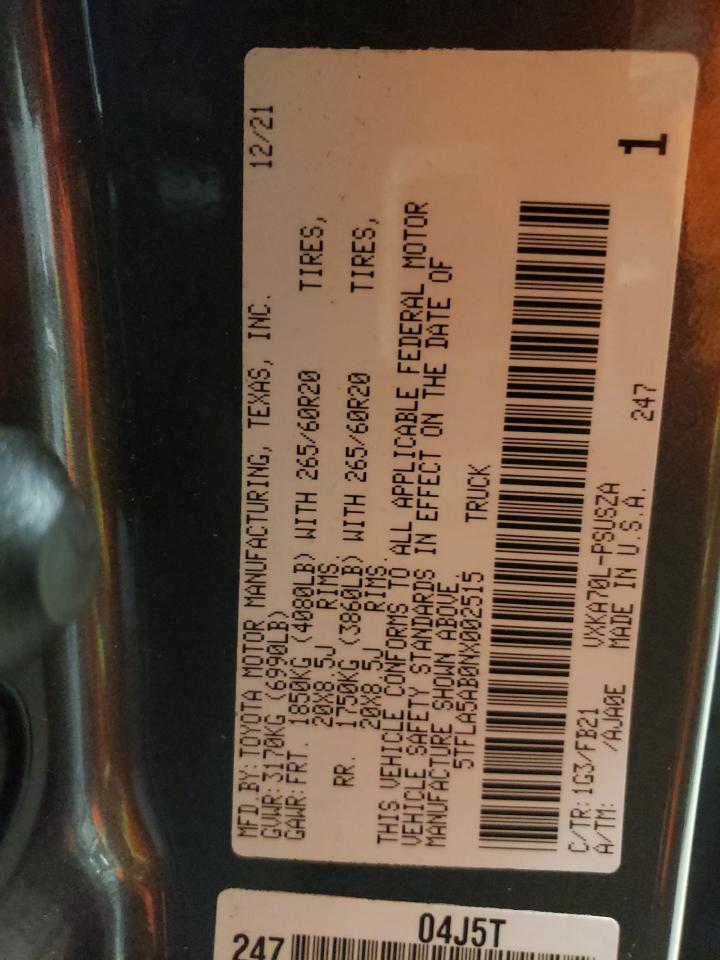 2022 TOYOTA TUNDRA CREWMAX SR VIN:5TFLA5AB0NX002515