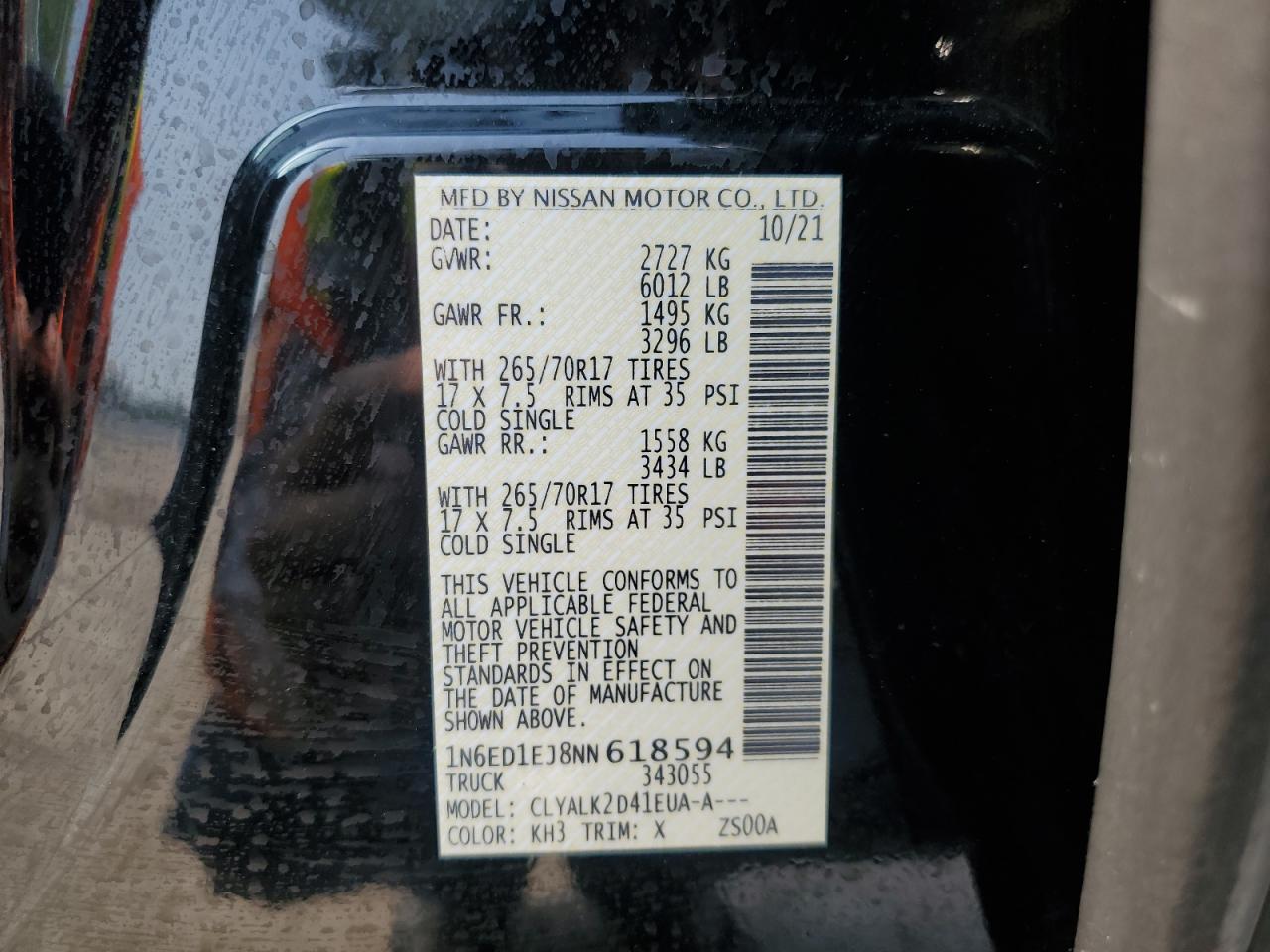 2022 NISSAN FRONTIER S VIN:1N6ED1EJ8NN618594