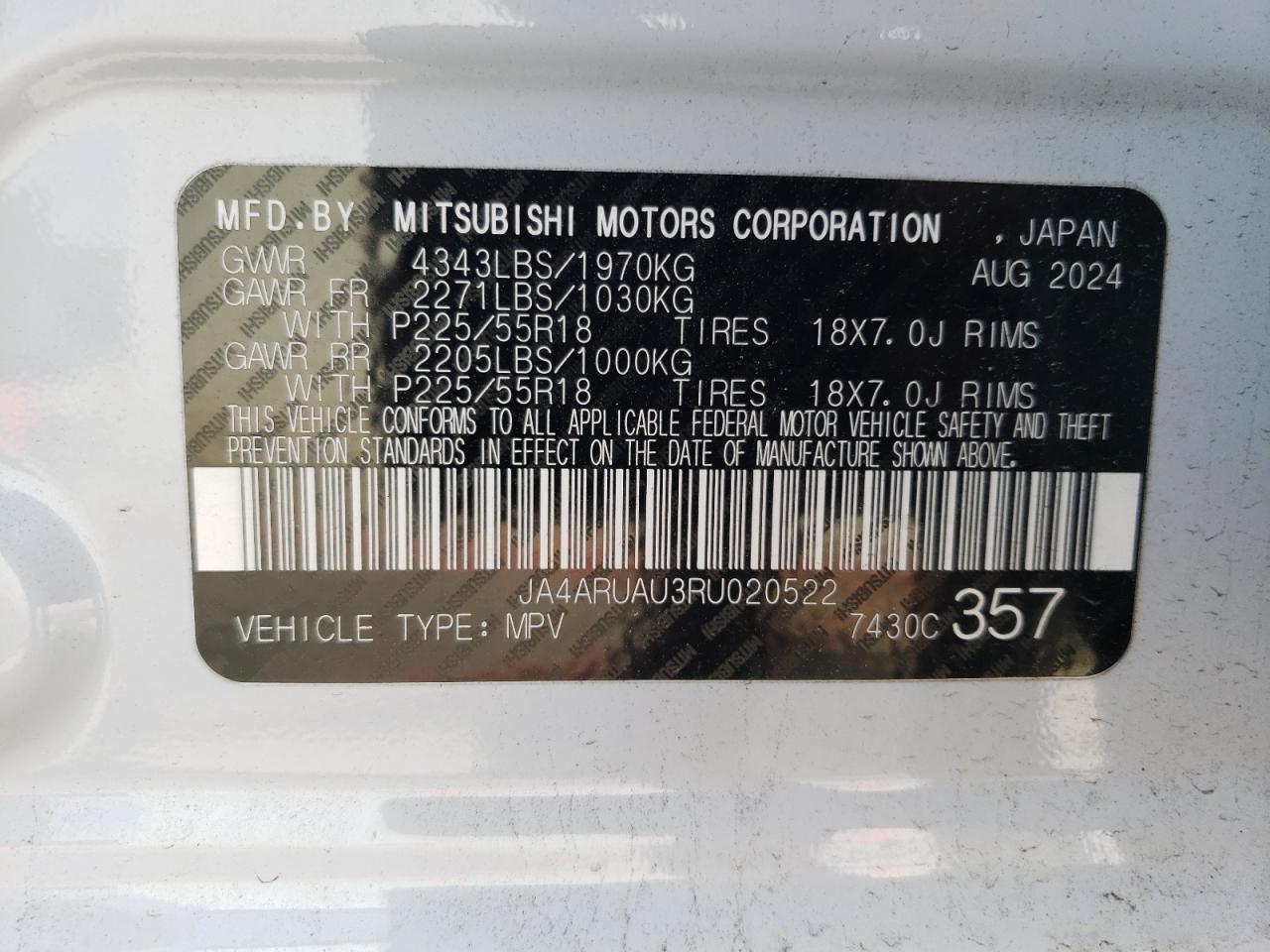 2024 MITSUBISHI OUTLANDER SPORT S/SE VIN:JA4ARUAU3RU020522