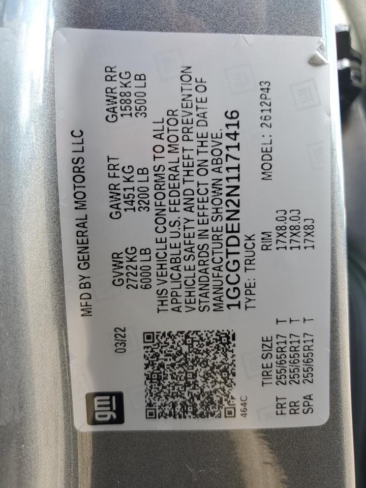 2022 CHEVROLET COLORADO Z71 VIN:1GCGTDEN2N1171416