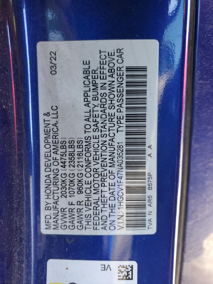 2022 HONDA ACCORD SPORT SE VIN:1HGCV1F47NA035281