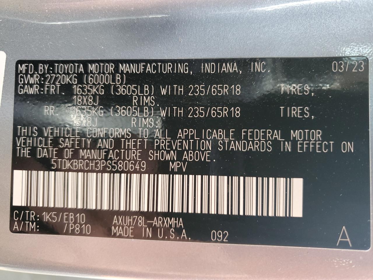 2023 TOYOTA HIGHLANDER HYBRID XLE VIN:5TDKBRCH3PS580649