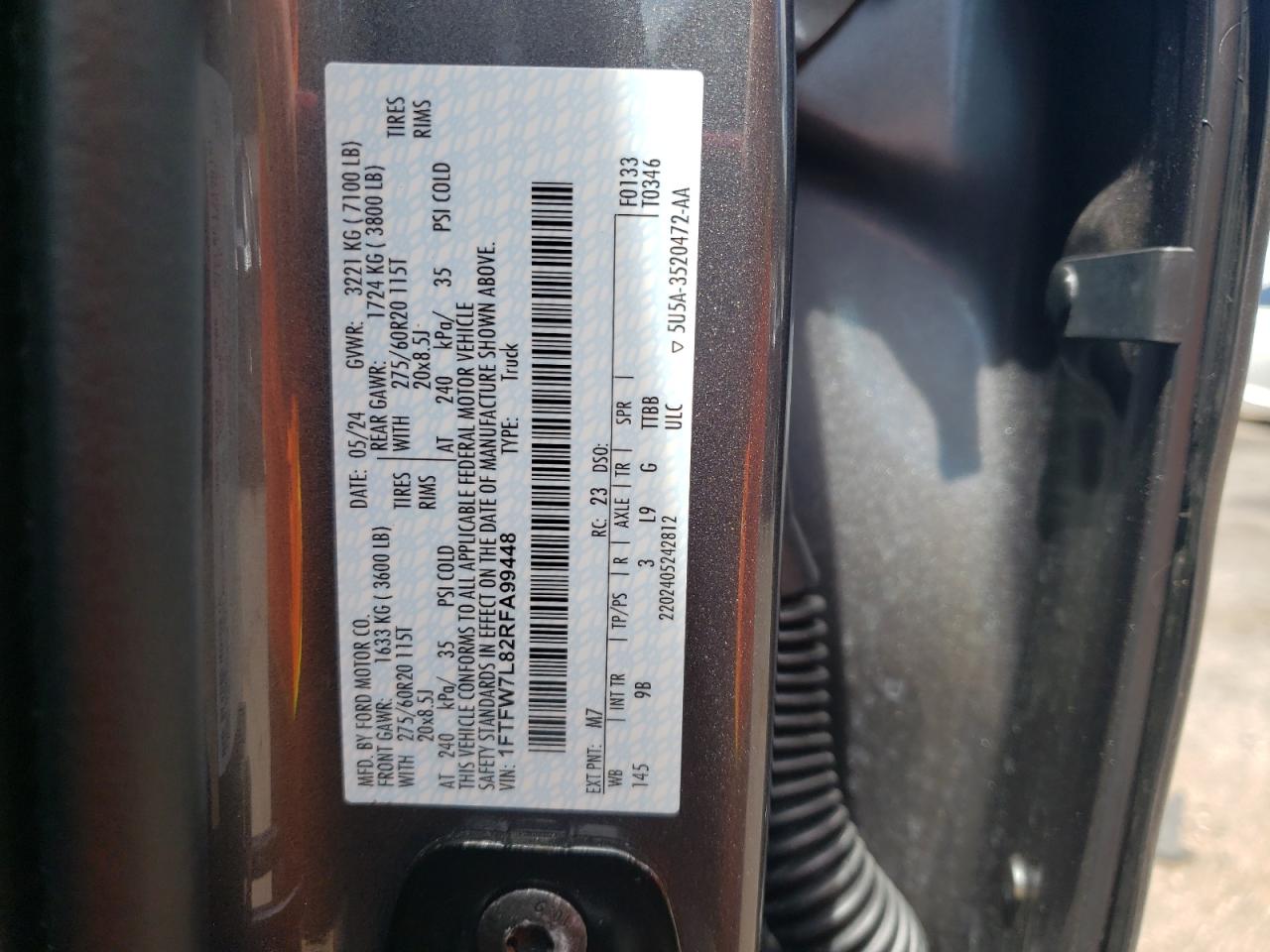 2024 FORD F150 PLATINUM VIN:1FTFW7L82RFA99448