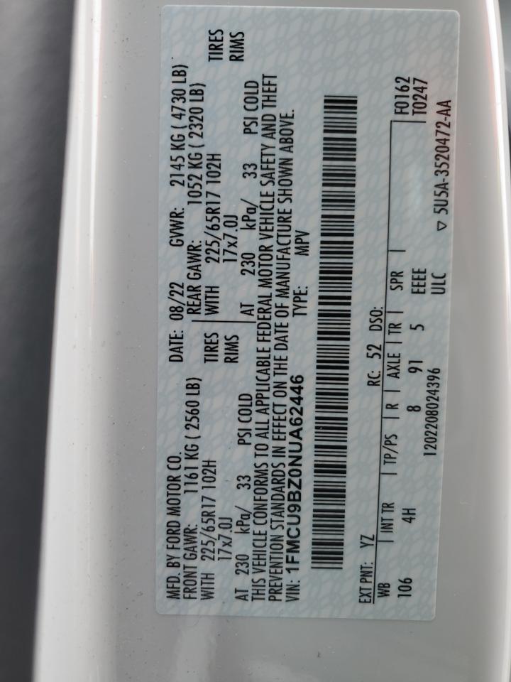 2022 FORD ESCAPE SE VIN:1FMCU9BZ0NUA62446