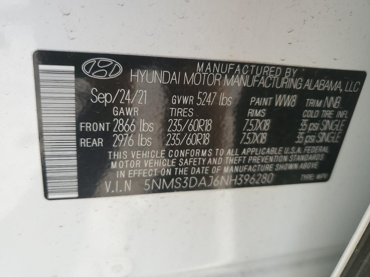 2022 HYUNDAI SANTA FE SEL VIN:5NMS3DAJ6NH396280