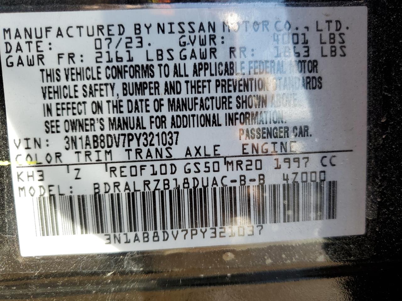 2023 NISSAN SENTRA SR VIN:3N1AB8DV7PY321037