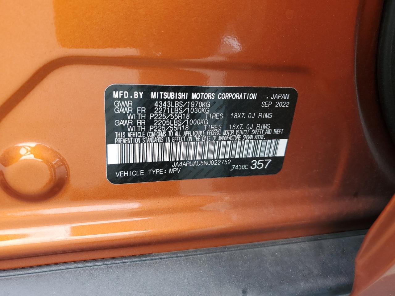 2022 MITSUBISHI OUTLANDER SPORT ES VIN:JA4ARUAU5NU022752