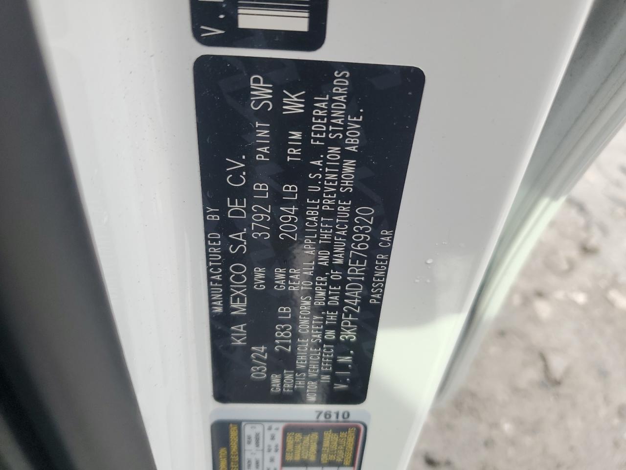 2024 KIA FORTE LX VIN:3KPF24AD1RE769320