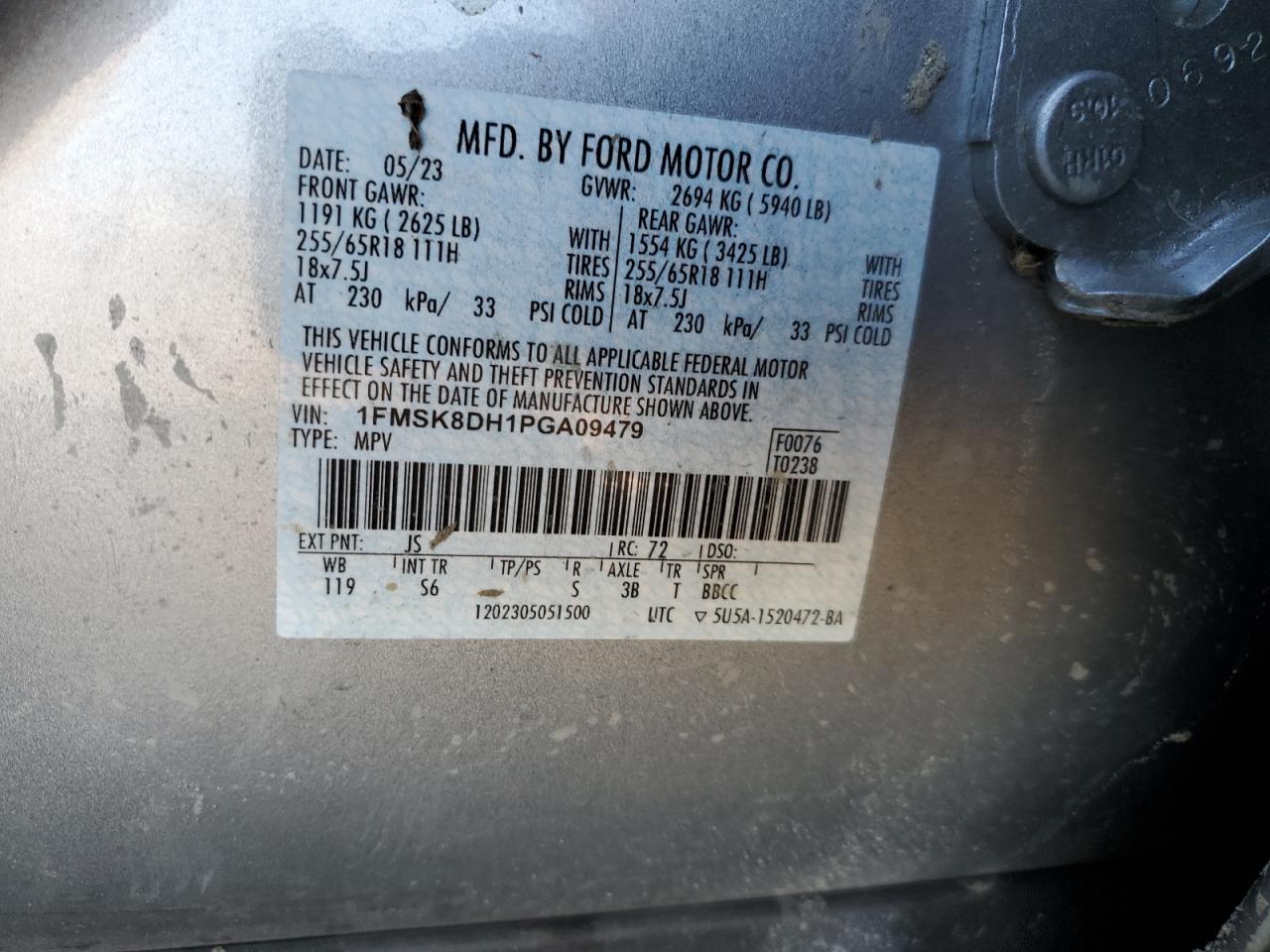 2023 FORD EXPLORER XLT VIN:1FMSK8DH1PGA09479