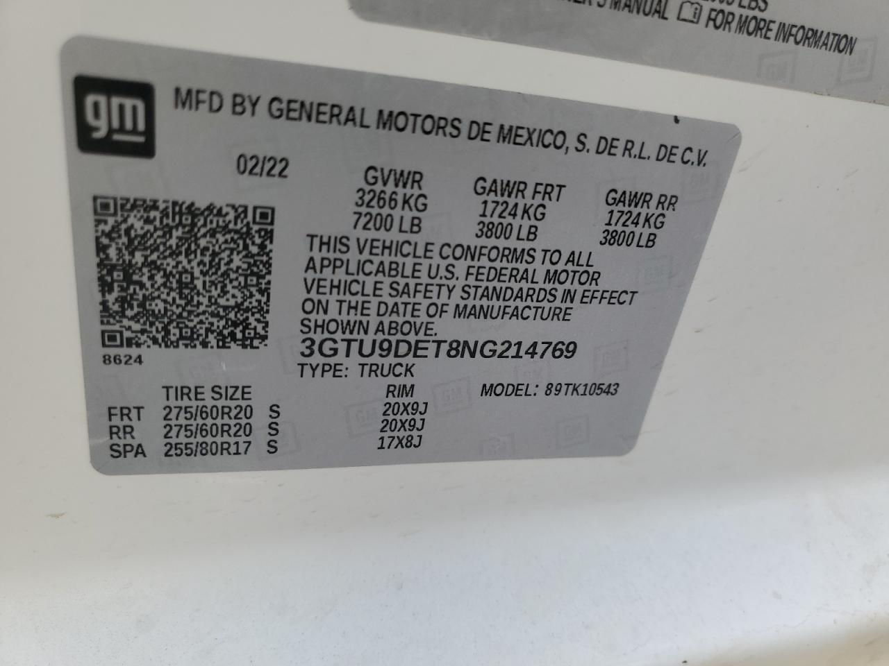 2022 GMC SIERRA LIMITED K1500 SLT VIN:3GTU9DET8NG214769