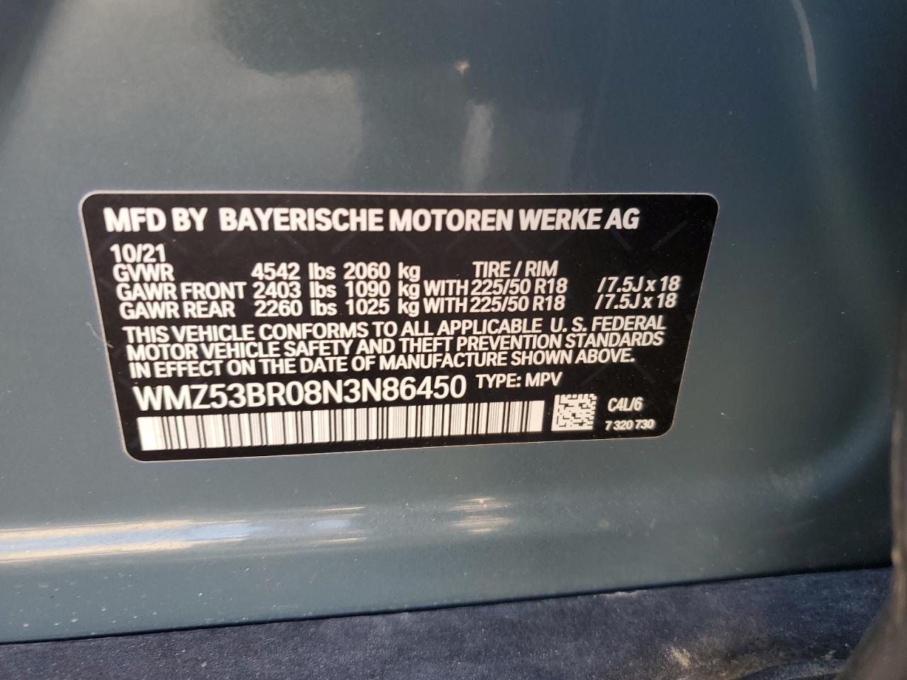 2022 MINI COOPER S COUNTRYMAN VIN:WMZ53BR08N3N86450